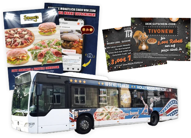 Flyer, Gutscheinkarten und ein Linienbus mit Werbebeklebung