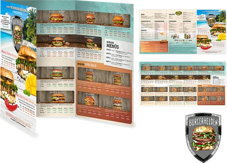 Aufgeklappte Burger-Speisekarte mit Menüangeboten und dem Logo Burgerhelden