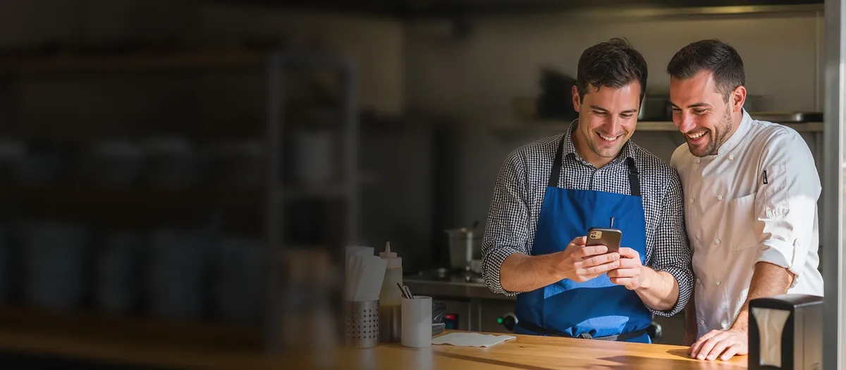 Zwei Gastronomen stehen am Tresen ihrer Küche und sehen gemeinsam auf ein Handy